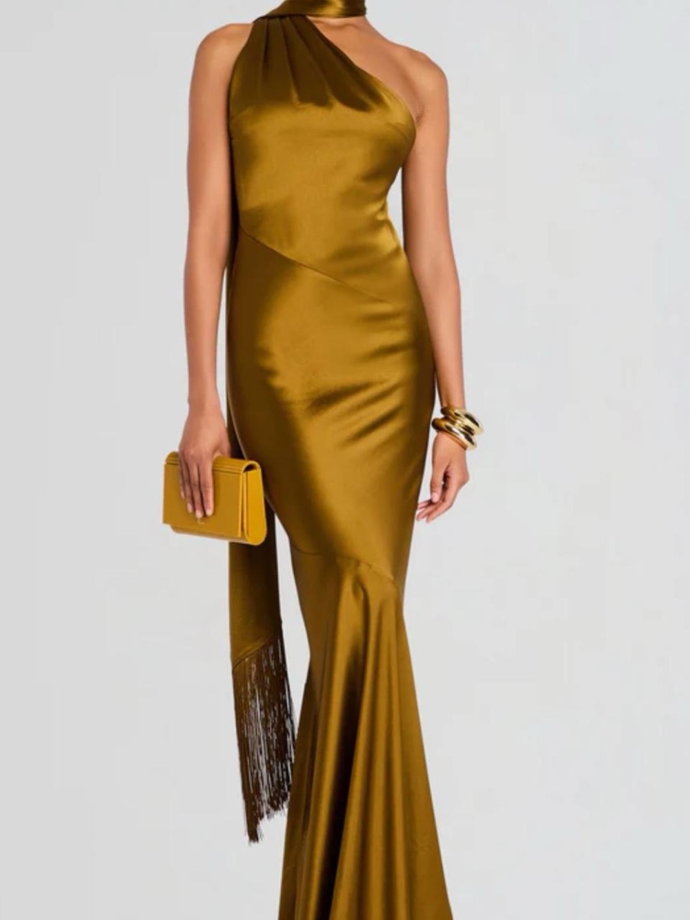 Retrofete Mustard One-Shoulder Satin Maxi Dress